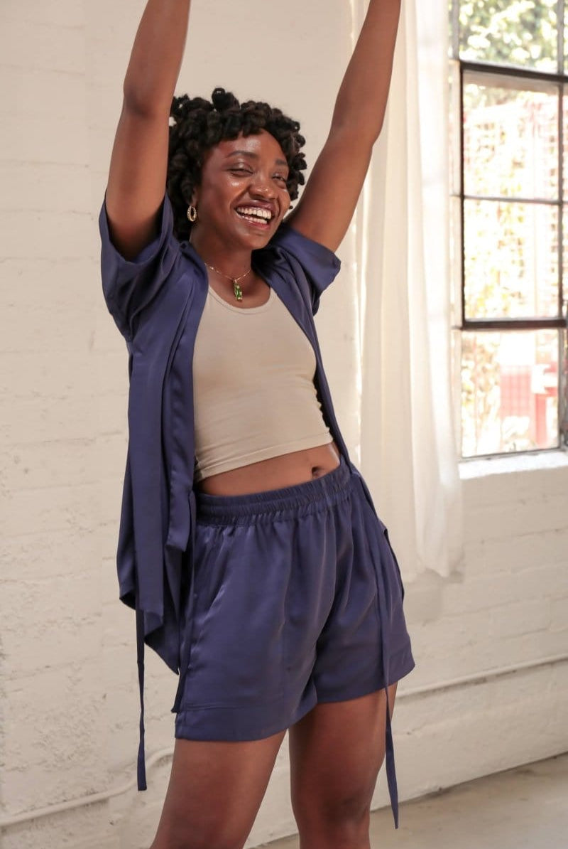 OddBird Loungewear Indigo / XS Eco Satin Kardeş Loungewear Shorts - SECONDS/SAMPLE