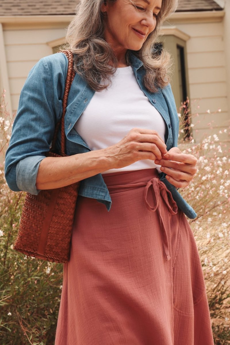 *E.E.L.E* Abla A-Line Wrap Skirt - Canyon Rose - KLEABLACRXSS - OddBird Co.