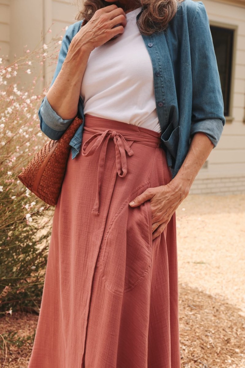 *E.E.L.E* Abla A-Line Wrap Skirt - Canyon Rose - KLEABLACRXSS - OddBird Co.